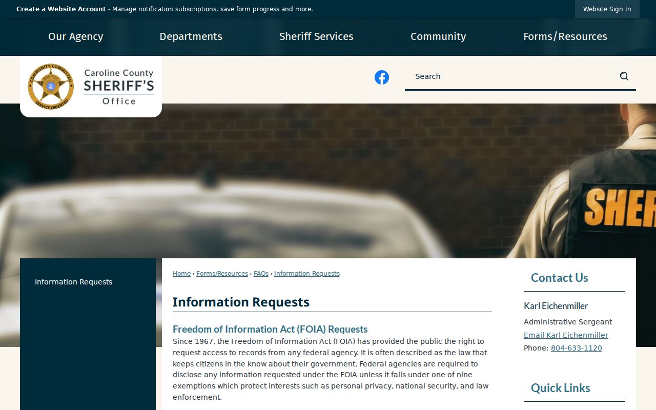 Caroline County Sheriff information request page for warrant and public records