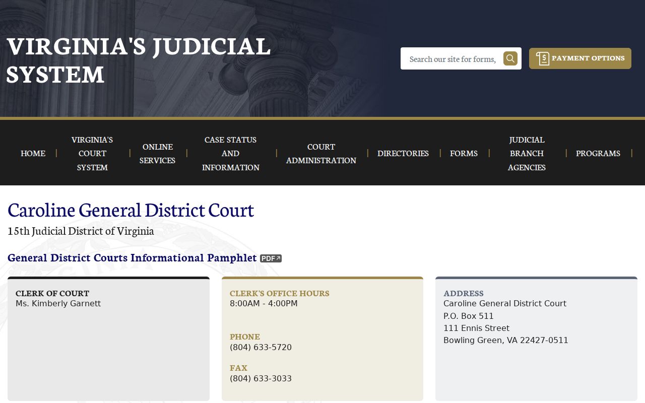 Caroline County General District Court schedule and contact page for warrant records routing