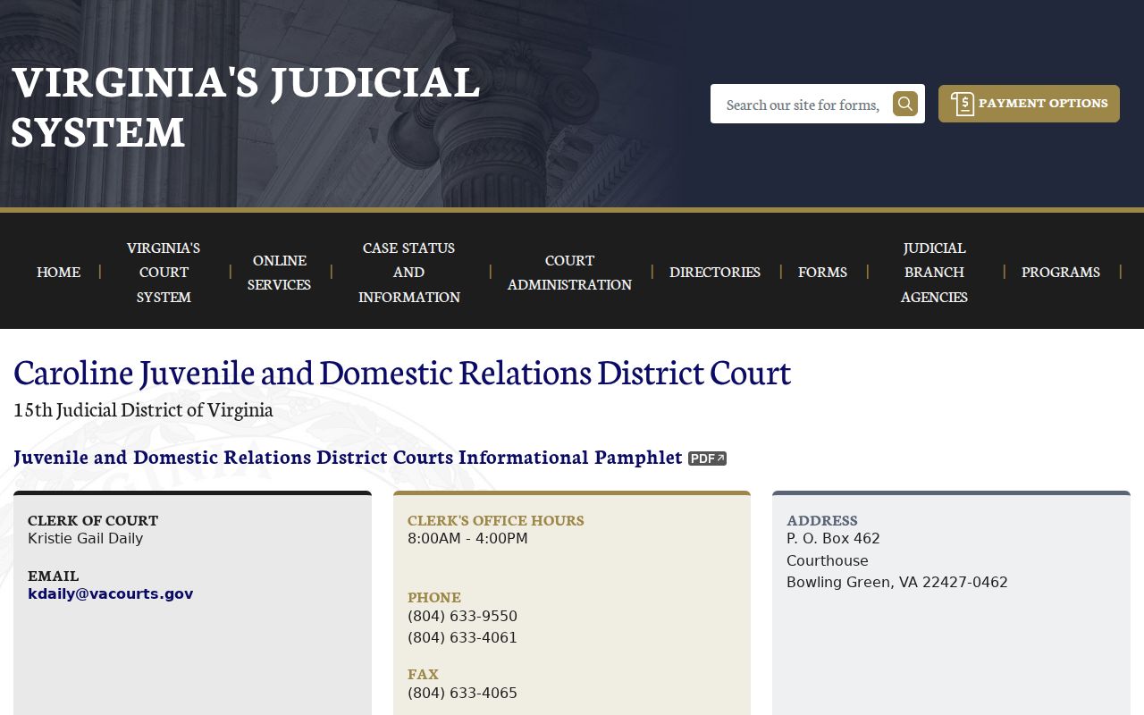 Caroline County JDR schedule and contact page for restricted court matters