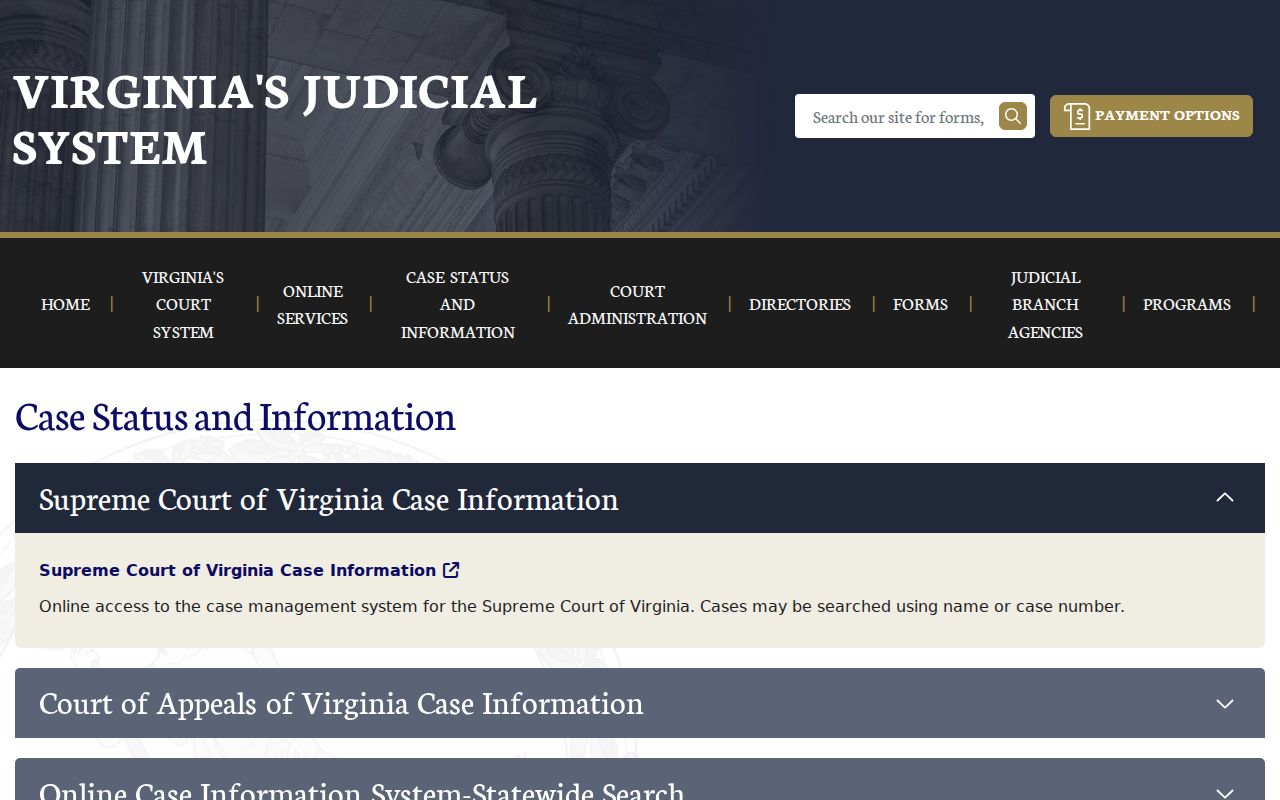 Virginia statewide case-information entry screen used for Caroline County court records