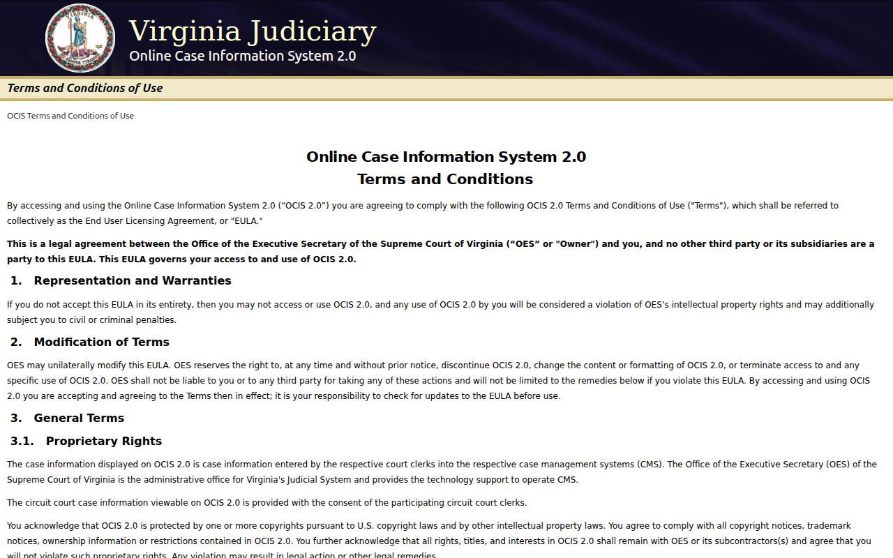 Virginia OCIS entry screen for official Caroline County case-information searches