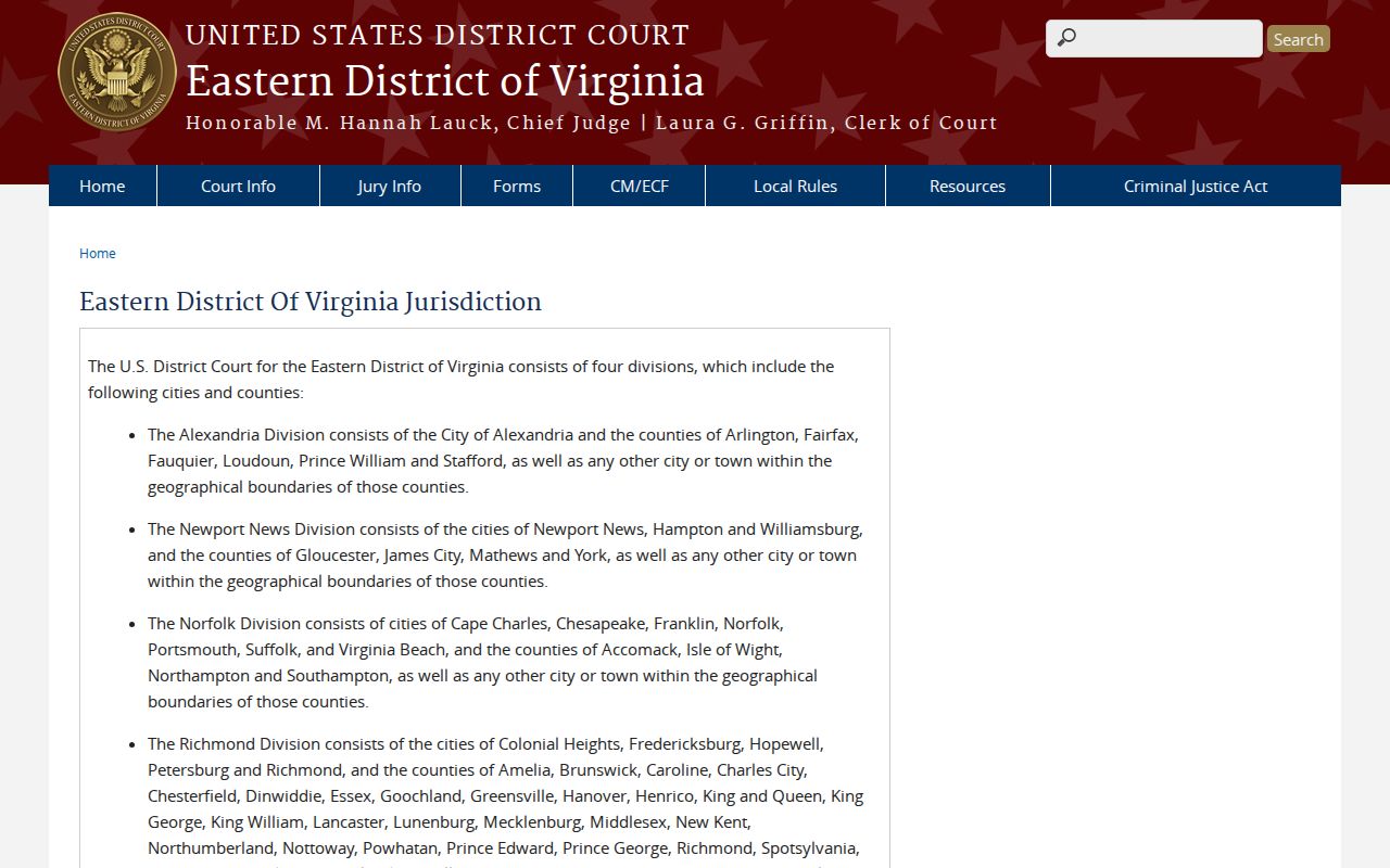 Eastern District of Virginia Richmond Division jurisdiction information for Caroline County