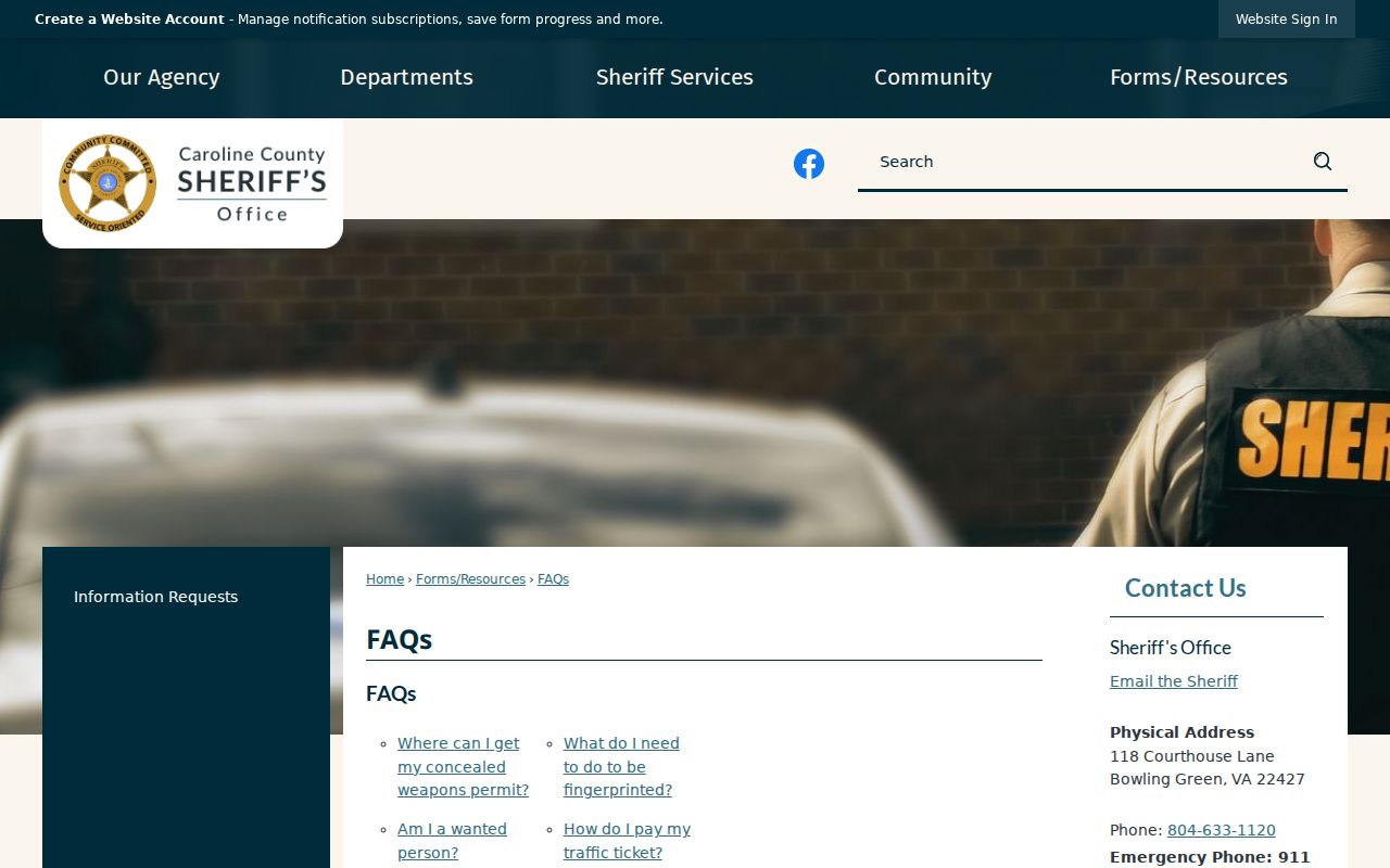 Caroline County Sheriff FAQ interface for warrant records questions
